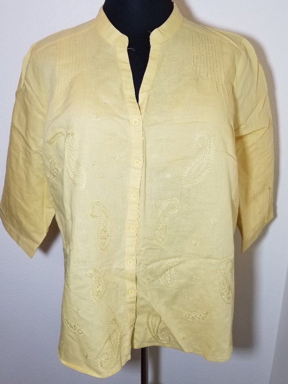 Lucy & Laurel Womens 3X Button Up Shirt Yellow Paisley Embroidered 100% Linen